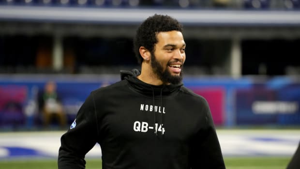 Mar 2, 2024; Indianapolis, IN, USA; Southern California quarterback Caleb Williams (QB14) during the 2024 NFL Combine at Lucas Oil Stadium. Mandatory Credit: Kirby Lee-USA TODAY Sports